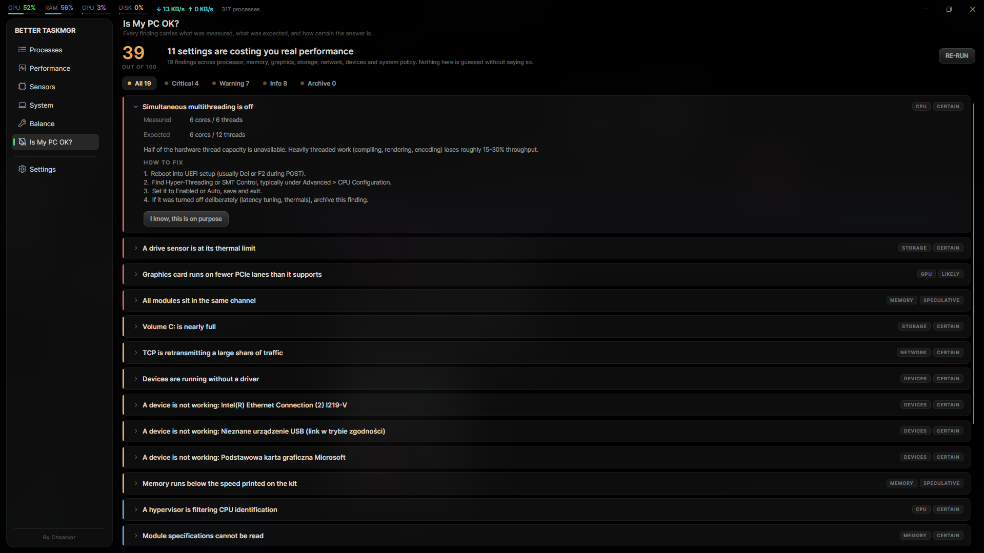 The audit tab: 39 out of 100, with every finding arguing its case.