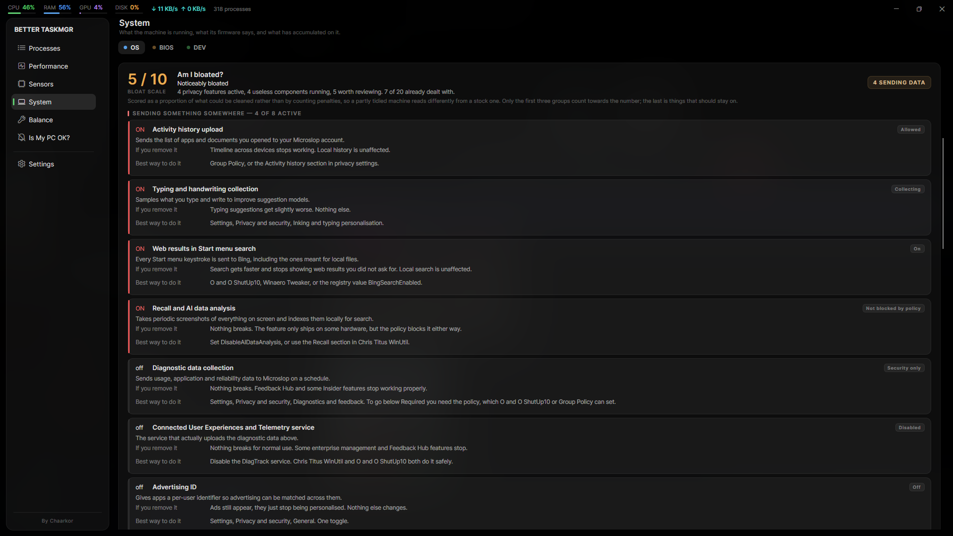 Bloat tab: what each item sends, what you lose, and how to stop it.